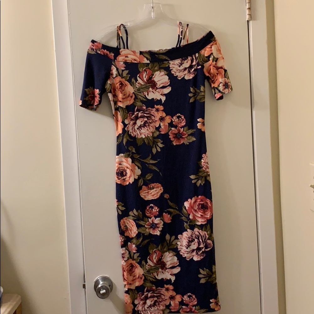 Navy blue floral off the shoulders dress